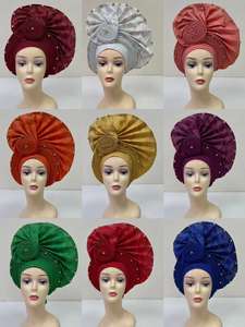 MH-1199 Pañuelo Nigeriano Auto Gele Aso Oke, Turbante Africano, Sombrero Musulmán para Mujer, Hiyab, Pañuelo para la Cabeza, Turbante con Cuentas de Piedra, Gorro Gele - Product Image 6