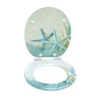 Siège de toilette à fermeture douce en MDF imprimé coquille avec charnières en alliage de zinc et plaque de couvercle amortie, garantie 1 an pour salle de bain