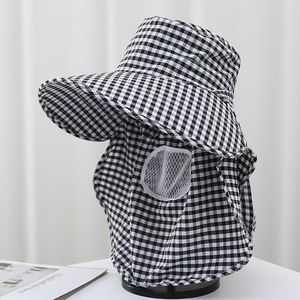 Chapeau de cueilleur de thé à large bord respirant, protection solaire, cache-visage et cache-cou, idéal pour l'extérieur printemps-été, motif à carreaux - Product Image 1