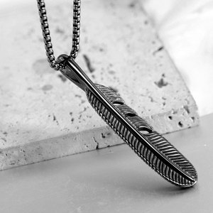 Collier avec pendentif en acier inoxydable en forme de plume, 70mm, pour femmes, bijoux à porter au quotidien, cadeau - Product Image 3