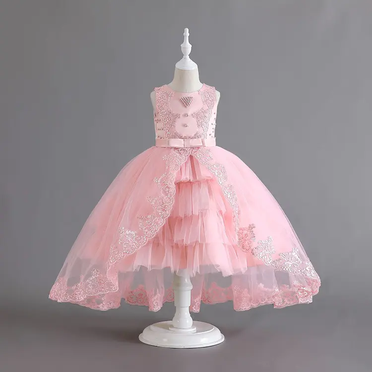 Girl Princess Dress Trailing Sequins Lace Female Model Runway Cospay Training Dancewear Children's Flower Dress