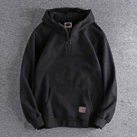 Sweat-shirt à capuche zippé pour homme, personnalisé OEM, en coton épais, style vintage avec patch et poche kangourou, coupe ample