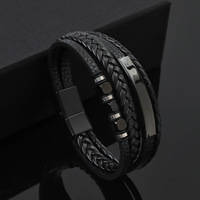Bracelet en cuir tressé multicouche style punk classique avec perles d'espacement en acier inoxydable et fermoir magnétique, bracelet en cuir noir pour homme, idéal comme cadeau