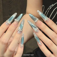 Lot de 10 faux ongles en PMMA, faits main, tendance, forme cercueil moyenne, design français, avec décoration croix diamant rose, couvrance totale