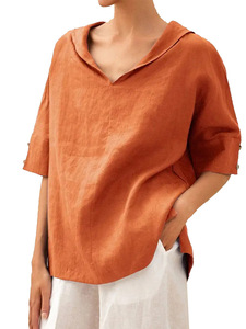 Camiseta holgada con capucha de algodón y lino de color liso para mujeres europeas y americanas - Product Image 4