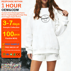 Conjuntos deportivos casuales de dos piezas para mujer al por mayor, conjunto de sudadera de cuello alto bordado de manga larga de algodón personalizado y pantalones cortos - Product Image 1