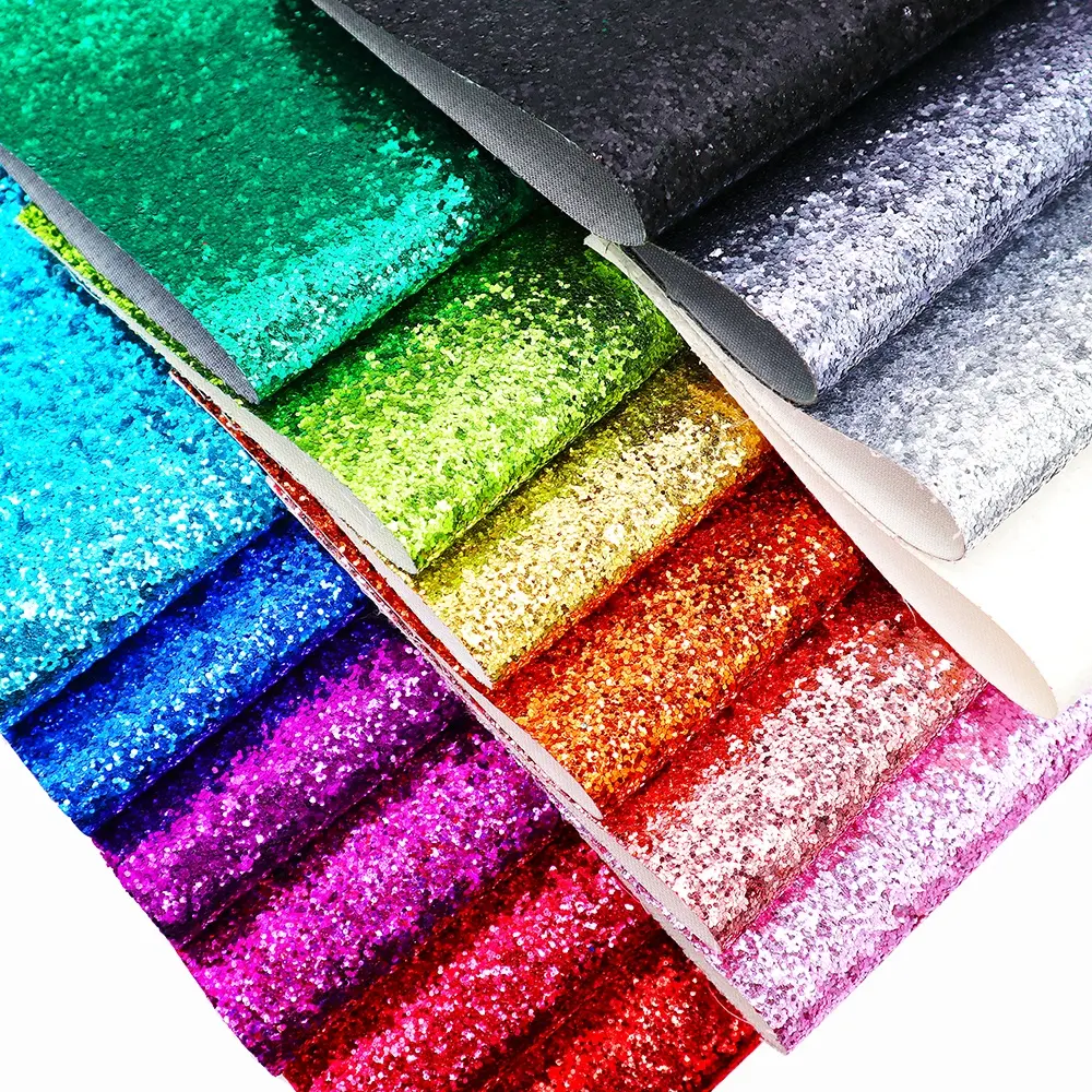 Sparkly Shiny Synthetic Vinyl PU Glitter Fabric Sheets Chunky Faux Leather For Shoes Bags Bow Crafts