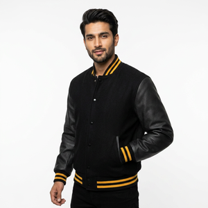 Custom Men's Wool Letterman Real Leather Varsity Jacket Black with Red Color Embroidery Logos Patches and Labels Jacket for Men - Product Image 1