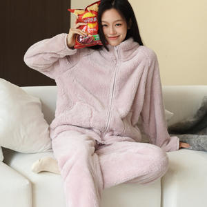 Conjuntos de pijama de Invierno para mujer, sólido, cálido, grueso, manga larga, con cremallera, forro polar Coral, ropa de dormir cómoda, cintura elástica, holgada, suave, elegante, nuevo - Product Image 2