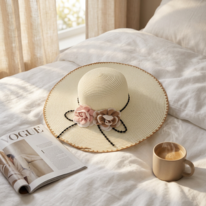Sombrero de Paja de Ala Ancha para Mujer con Banda Decorada con Flores y Cuentas para Viajes a la Playa - Product Image 1