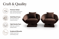 Fauteuil pivotant esthétique en velours marron chocolat, avec assise sculpturale en forme de coquille et base sur piétement, pour salon d'appartement moderne