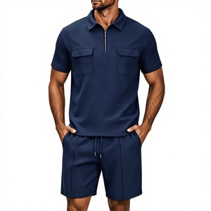 OEM Men's Casual Polo Shirt Shorts 2 Piece Set 1/4 <b>Zip</b> Neck Summer Solid Color Breathable Chest Pocket Customizable Logo - Product Image 3