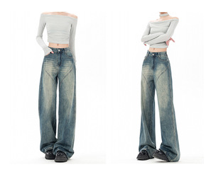 Jeans Vintage Lavati Impermeabili da Donna Taglie Forti con Cuciture Decorative Vita Alta Gamba Larga <span class=keywords><strong>Pantaloni</strong></span> Lunghi - Product Image 5