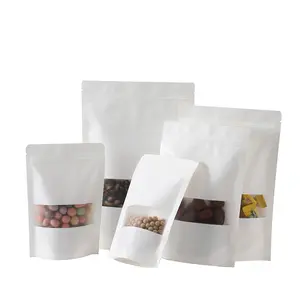 YR Brown White Kraft Craft Paper Standing Up Pouches Food Packaging Zipper Bags With Window