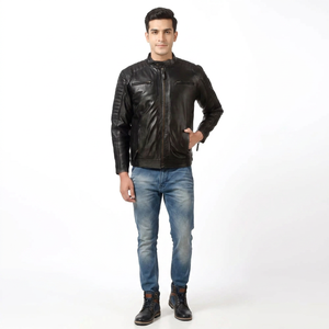 Finer Threads Casual High Street Genuine <b>Leather</b> Varsity <b>Jacket</b> Front Zippers Panel Stitching Breathable Vintage Design for <b>Men</b> - Product Image 1