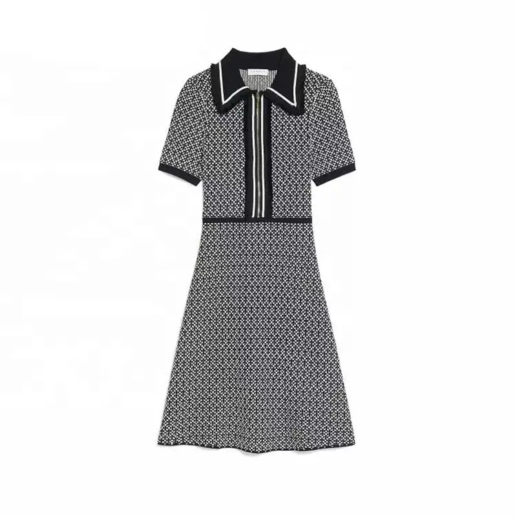 Knitwear manufacturer custom polo collar short sleeves elegant black white chidori check women knit sweater dress