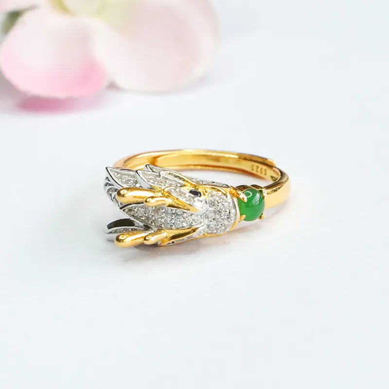 Golden Plated Fashion Jewelry Jadeite Finger Rings Green Myanmar Jade Rings S925 Silver Dragon Shape Natural Burma Jade Rings