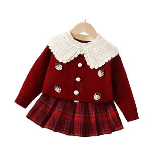 Ensemble Automne Nouveauté 2025 pour Fille : Cardigan en Maille Rouge, Pull à Col <span class=keywords><strong>Fraise</strong></span> et Jupe à Carreaux - Product Image 5