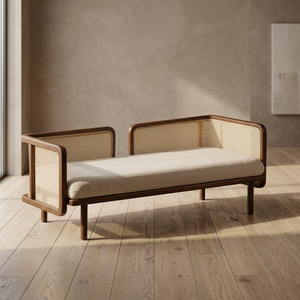 Minimalist Square Solid Teak Wood Daybed Natural <b>Rattan</b> Backrest Scandinavian Lounge <b>Sofa</b> Chair Set Living Room Hotel Projects - Product Image 2