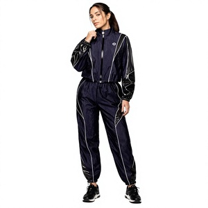 Custom Women Navy <b>Lightweight</b> Windbreaker Track 2-piece Set and Pants OEM ODM Reflective Trim Sportswear Casual <b>Jacket</b> for men - Product Image 2