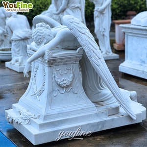 Lápida de Ángel Llorón de Mármol Blanco Tallada a Mano para Cementerio Exterior - Product Image 1