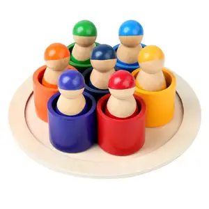 6 PCS Wooden Rainbow Wood Peg Dolls in Cups Pretend Play People Figure Montessori Baby Sorter Color Sorting and Counting Game