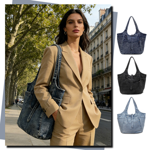 Bolso de Hombro Casual para Mujer, Bolso Ligero, Bolso de Compras a la Moda para Mujer, Diseño de Color Sólido con Material de Mezclilla Simple - Product Image 1