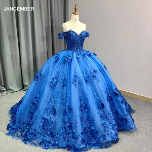 Jancember新しいデザインブルーオフショルダーボールガウン高級刺Embroideryアップリケプラスサイズロングイブニングドレス