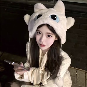 Plush Winter <b>Hat</b> With Ear Protection Thickened Fleece Lining Cute Windproof Design For Female 56-58Cm White And Black - Product Image 1