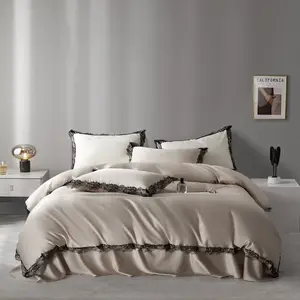 Leyocell sarung kasur katun mewah gaya Amerika, selimut penutup seprai 4 potong set tempat tidur renda krem