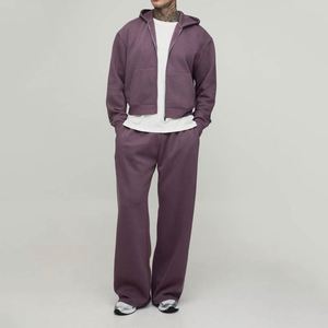 Ensemble de survêtement deux pièces pour homme, violet poussiéreux, avec sweat à capuche court zippé et pantalon de survêtement large uni - Product Image 4