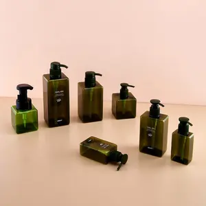 Garrafa de shampoo de plástico retangular, verde de azeitona, com tampa superior flip para recipiente de água cosmético