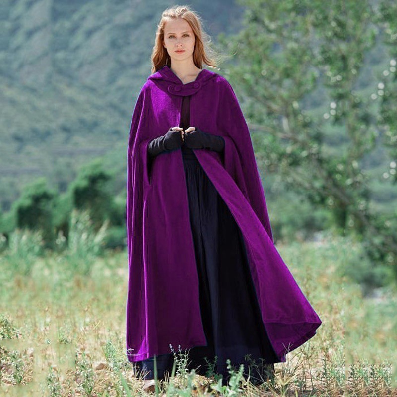Women Cloaks High Quality Vintage Thick Hood Floor-Length Medieval Long Cape Wool Hooded Overcoats Long Cloak Cosplay Costume