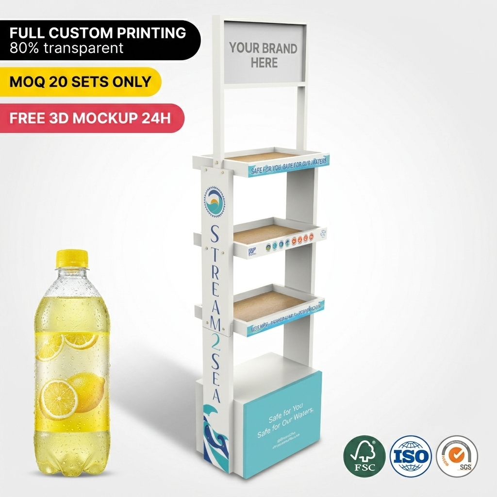 Wholesale Custom Wooden Beverage Display Rack Floor Standing Soda Sparkling Water Merchandiser Stand Natural Wood Juice Shelf