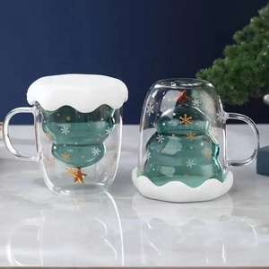 Taza de vidrio de borosilicato alto con tapa de muñeco de nieve de Papá Noel Árbol de <span class=keywords><strong>Navidad</strong></span> Tazas de doble pared Vasos de <span class=keywords><strong>Navidad</strong></span> aislados sin BPA - Product Image 1