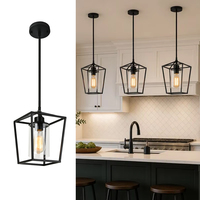 Lampe suspendue industrielle moderne noire en forme de cage géométrique avec abat-jour intérieur en verre transparent, réglable, pour éclairage décoratif en gros