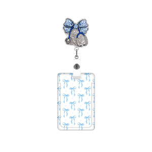 Blue bow glitter badge scroll easy-pull <b>buckle</b> with back <b>clip</b> vertical push-lock card holder UV printable pattern - Product Image 5