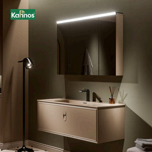 Luxury Khaki Solid Wood Ceramic Basin Bathroom <b>Vanity</b> with LED <b>Lighted</b> Mirror Cabinet Single Sink Wall-Mounted for Home & Hotel - Product Image 1