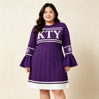 Robe pull en tricot jacquard torsadé pour femme, manches évasées, grande taille, style sororité, vente en gros