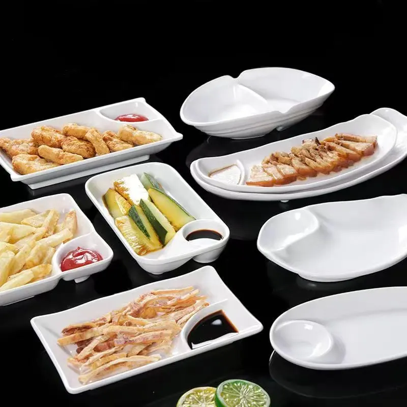 Japanese Style White Rectangular Melamine Sushi Plates Compartment Plate For Restaurant