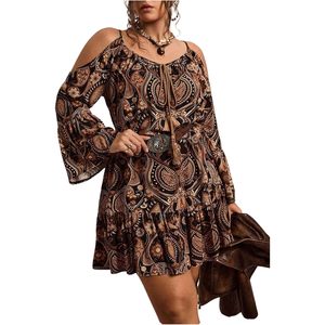 Robe d'été mini pour femme grande taille, style western paisley, épaules dénudées, manches cloche à volants, taille empire, en mousseline, pour les vacances - Product Image 1