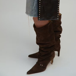Big Size 45 Women Suede <b>Long</b> Boots Low Heels Pointed Toe Front Buckle Knee High Booties Pleated Loose Upper on Shoes - Product Image 3