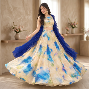 Lehenga Choli Azul Acuarela para Mujer con Dupatta Azul Rey con Volantes para Boda India - Product Image 1