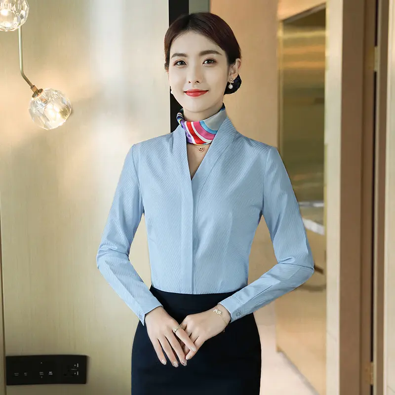 AI-MICH personnalisation manches courtes blouse aviation uniformes printemps tenue professionnelle chemise femmes col en v en gros