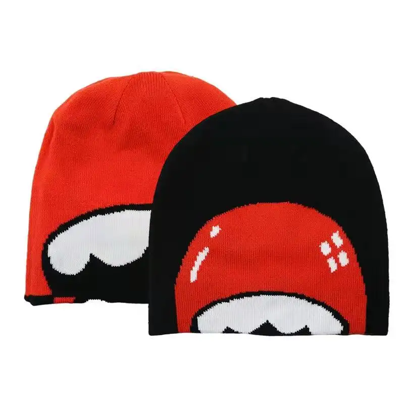 Designer Custom Jacquard Knit Short Cuffless Streetwear Reversible Beanie Hat Skull Caps with Logo