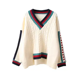 Pakaian Gadis Baru 2021 Pakaian Wanita Baru Longgar V-neck Garis Gaya Malas Rajutan Pullover Sweater Wanita Rajutan Grosir