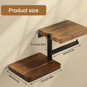 Porte-papier en bois avec étagère, porte-papier avec étagère pour salle de bain, étagère murale en bois pour le rangement du papier toilette, porte-papier toilette - Product Image 2