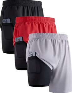 Men's Solid Casual Quick-Dry Waterproof Woven Double <b>Layer</b> Zipper Fly <b>Mid</b> Running Shorts Pocket Phone Fitness Training Beach Gym - Product Image 1