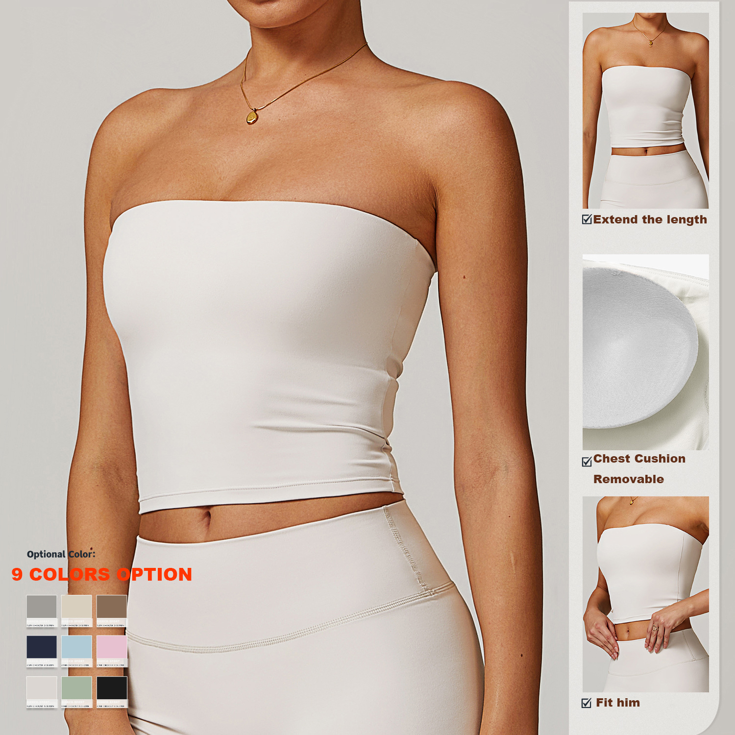 CNSHELL Gym Tube Top Strapless Fitness Sport Breathable Soft Bodycon Double Layer Cropped Yoga Shirts Women