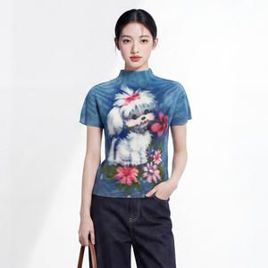 Haut tricoté vintage pour femme PY 2026 à col roulé et manches courtes, imprimé chien et floral, coupe ajustée, décontracté, pour le printemps et l'été - Product Image 2